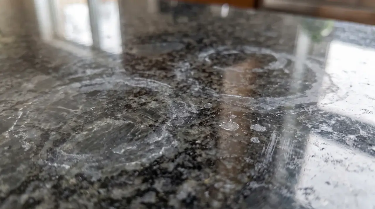 White water marks and mineral buildup creating a granite countertop stain on dark polished stone.