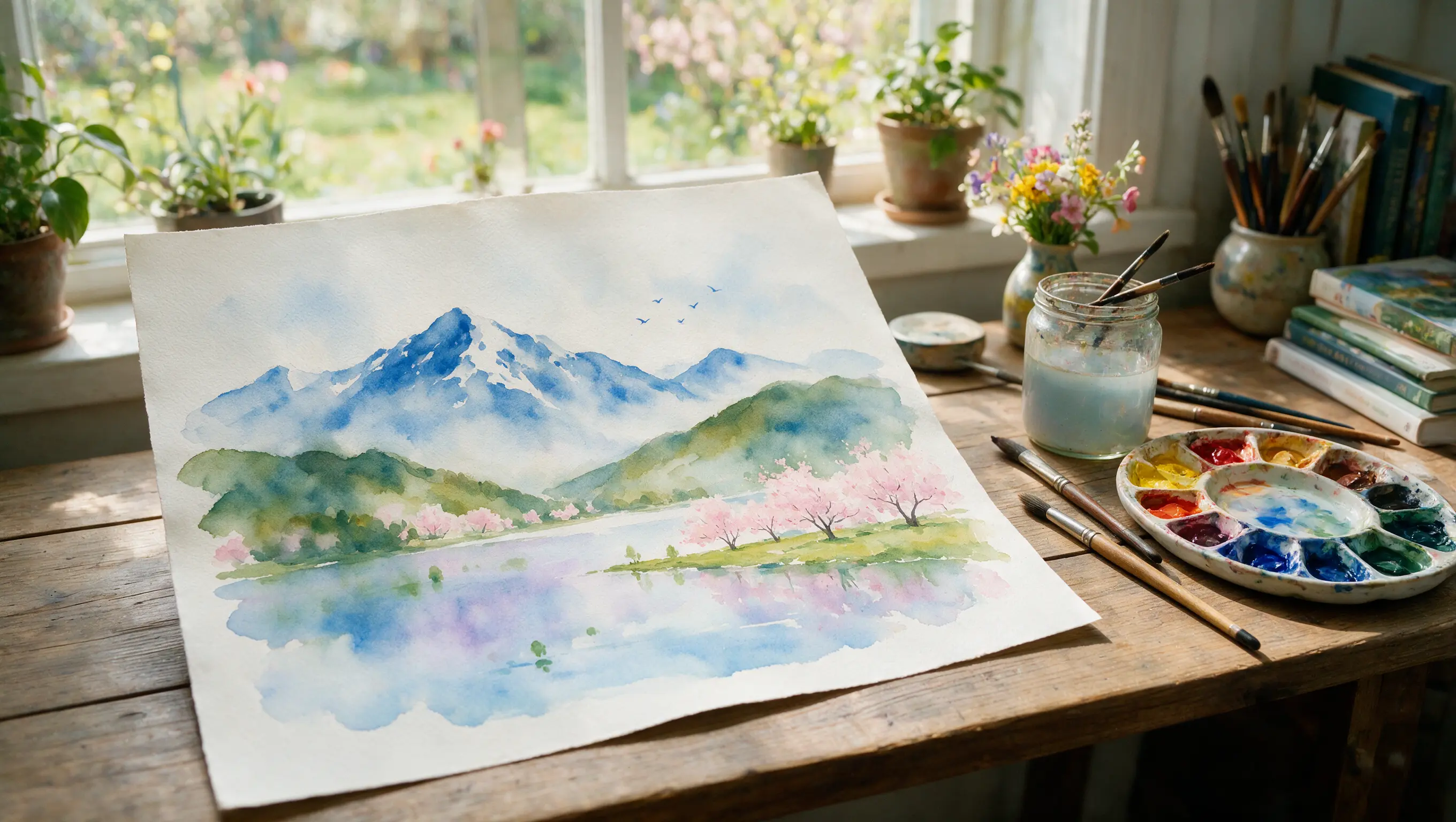 Watercolor landscape of blue mountains, green hills, a lake, and pink trees beside brushes and a paint palette.