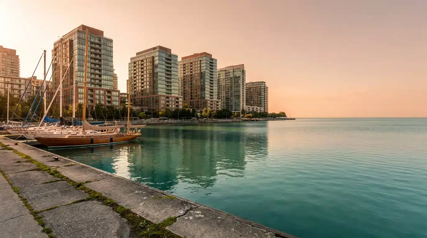 High-rise apartments along waterfront with sailboats docked in calm water under warm sunset sky