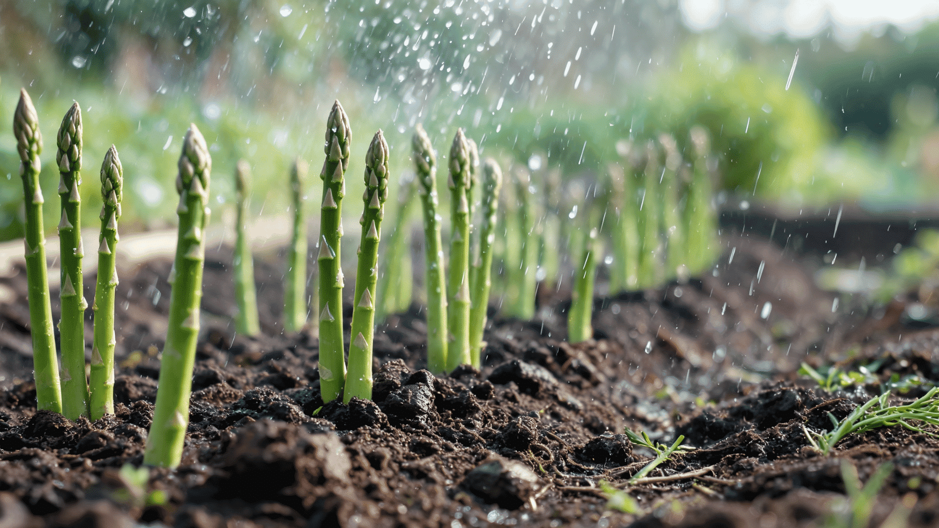 Water being applied to an asparagus bed with moist soil around young asparagus plants