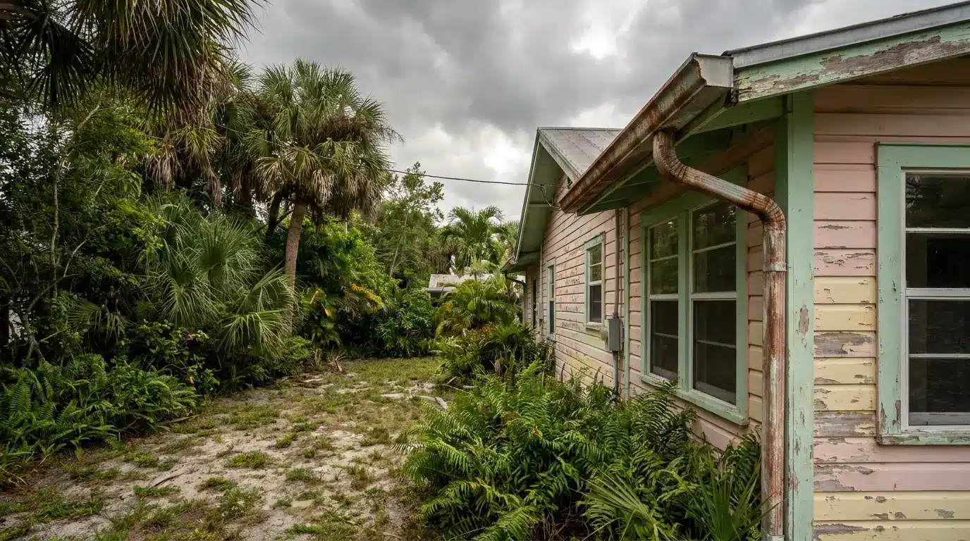 Weathered wooden house with peeling paint surrounded by lush greenery under overcast sky