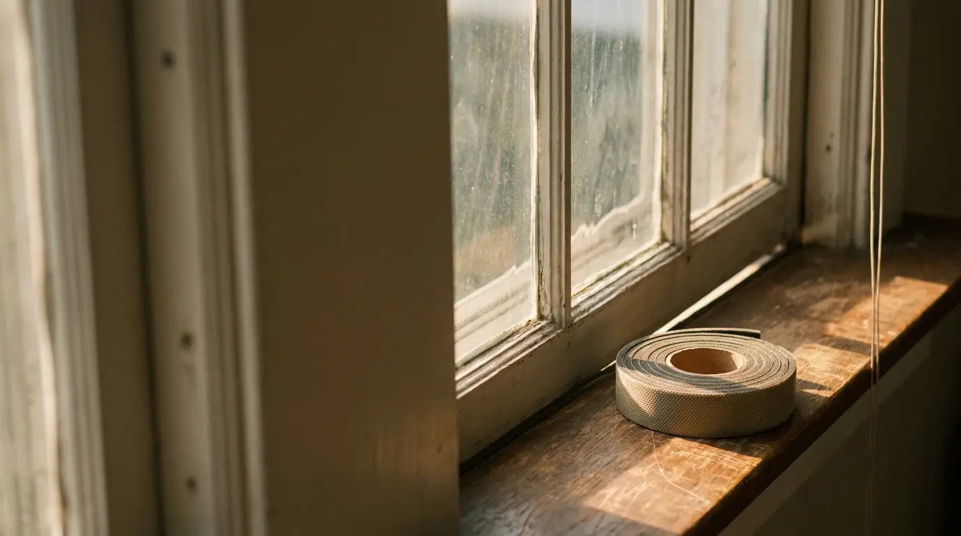 Roll of duct tape on wooden windowsill in soft natural light