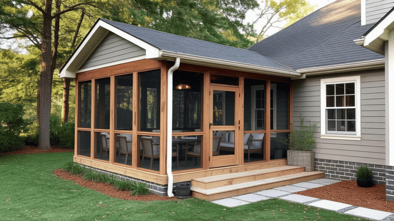 Cozy outdoor screened porch with mesh screens, wooden framing, patio furniture, and a ceiling fan.