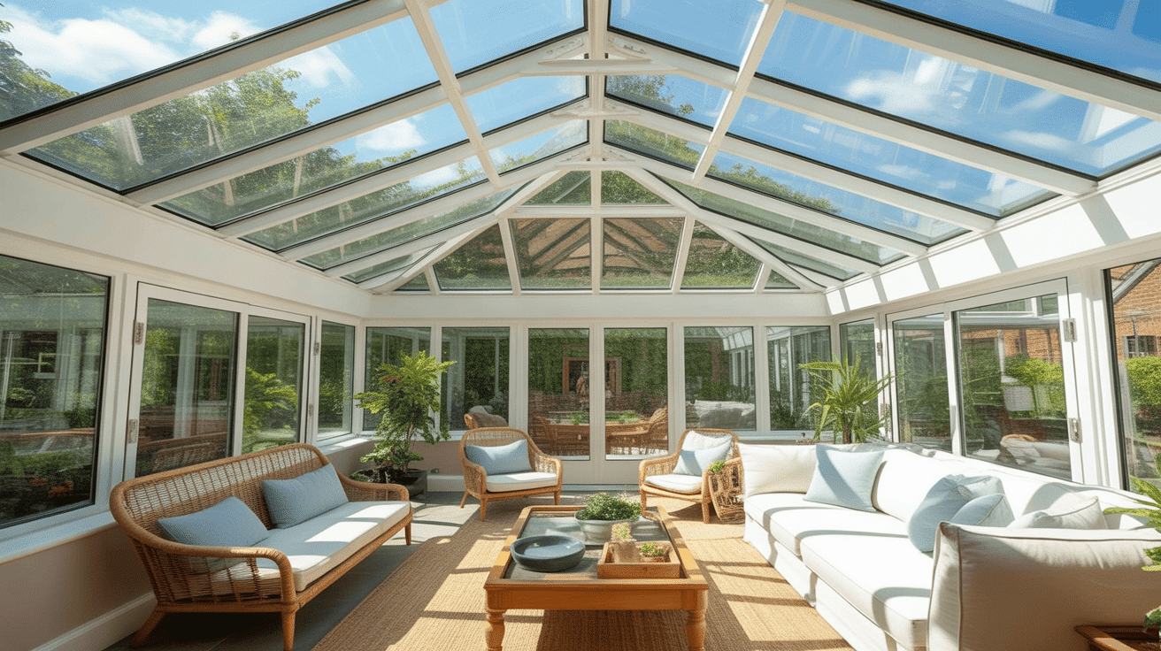 Premium solarium addition featuring complete glass walls, a curved glass roof, and green house plants.