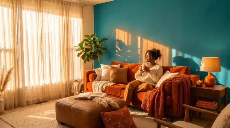A woman relaxing on burnt orange sofa with coffee mug in sunlit living room with teal accent wall and fiddle leaf fig.