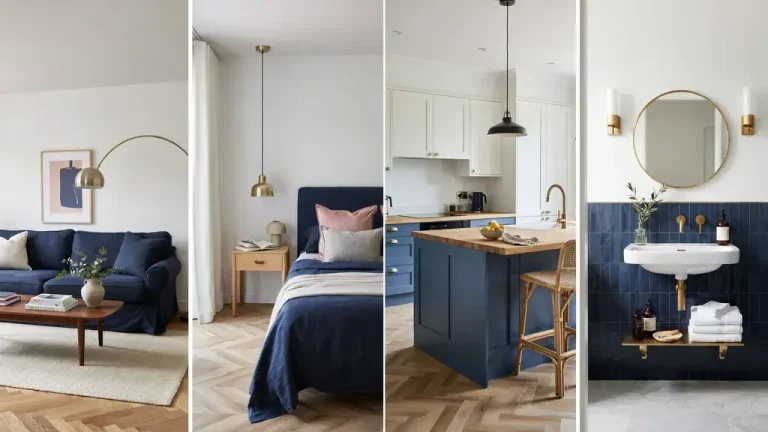 Realistic collage of four home rooms showing navy blue decor combinations in living bedroom kitchen bathroom