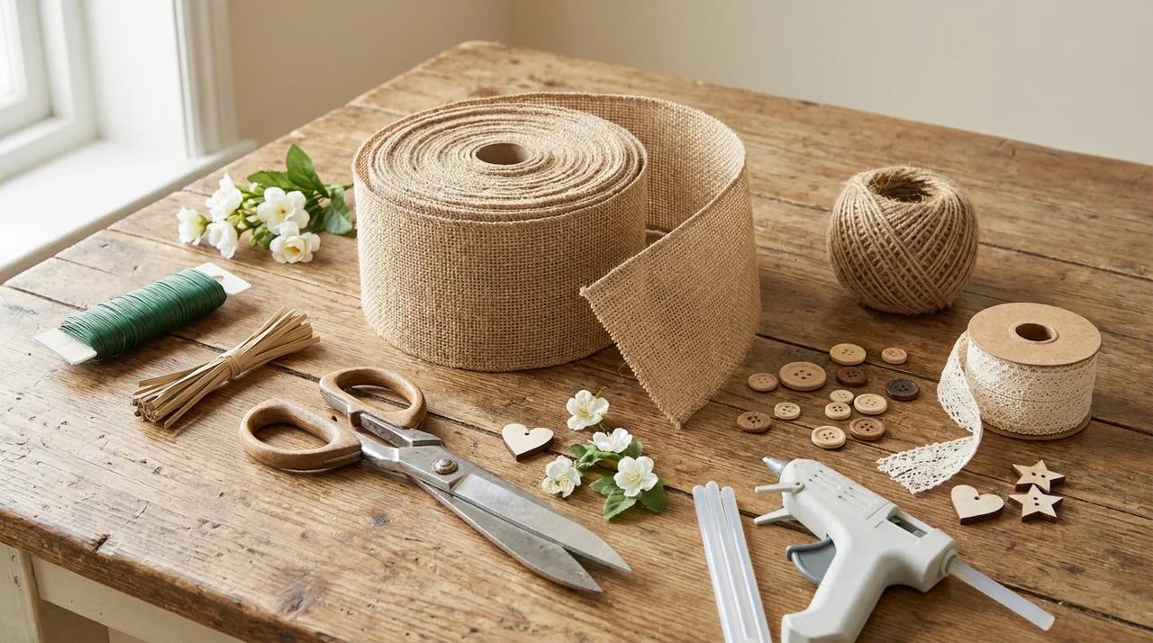Materials needed for a burlap bow DIY including ribbon, scissors, wire, glue gun, and decorations on a wooden table.