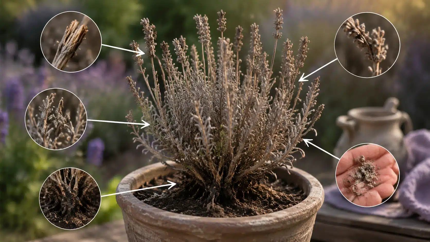 Dead lavender plant showing brittle leaves, brown stems, dry growth, and signs of root damage with arrows highlighting problem areas.