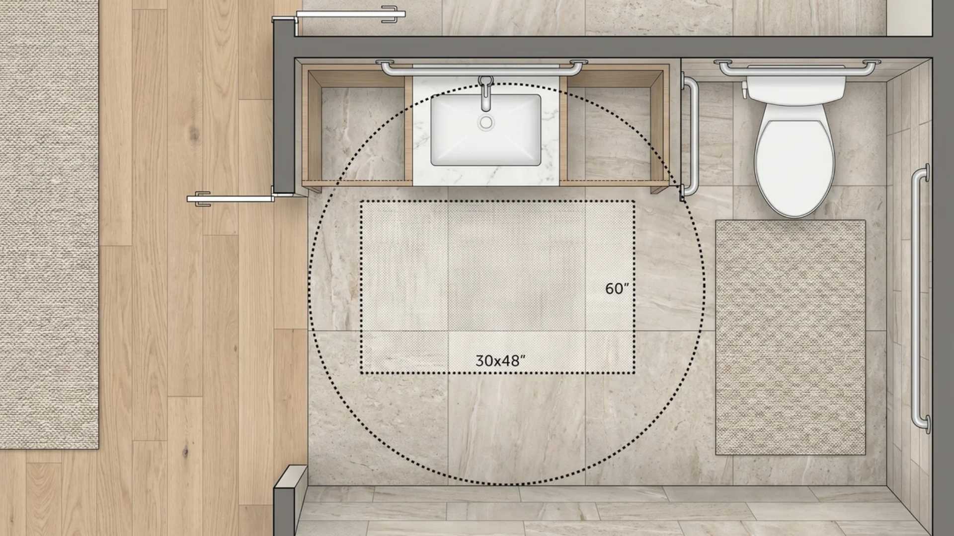 ADA sink floor space and wheelchair turning radius floor plan with 30x48 inches clearance.