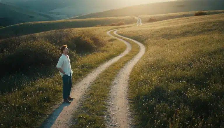 Man standing on winding dirt path through grassy hillside at sunset
