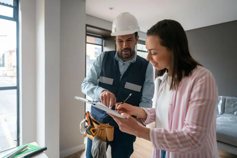 Construction worker and woman reviewing documents on clipboard in modern living room setting