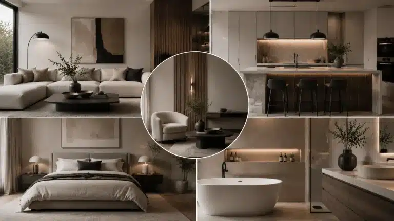 Contemporary interior design collage featuring a living room, kitchen, bedroom, and bathroom with neutral tones and clean modern elements