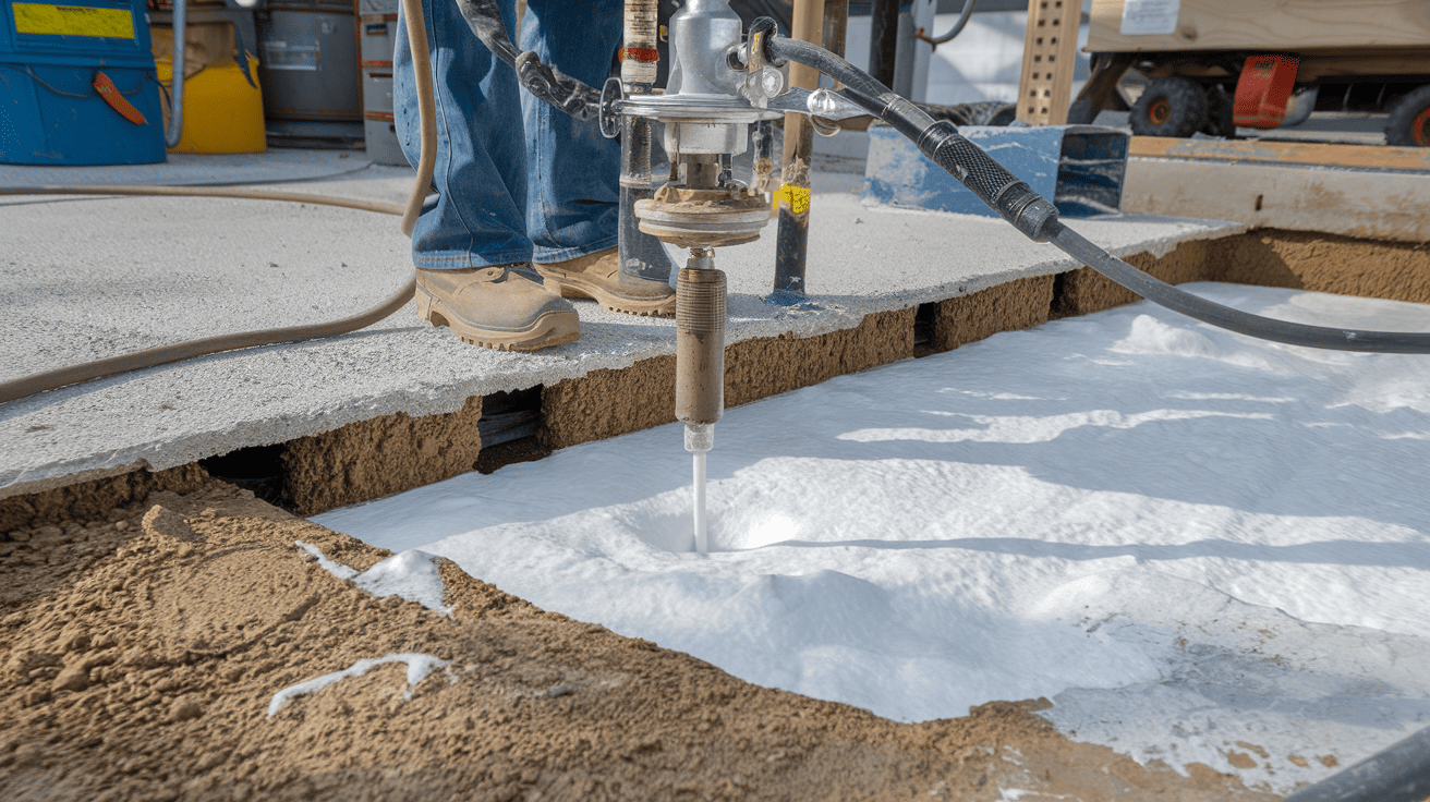 A close-up shot of a technician in blue work pants and safety boots injecting high-density polyurethane foam beneath a concrete slab to level and lift it.