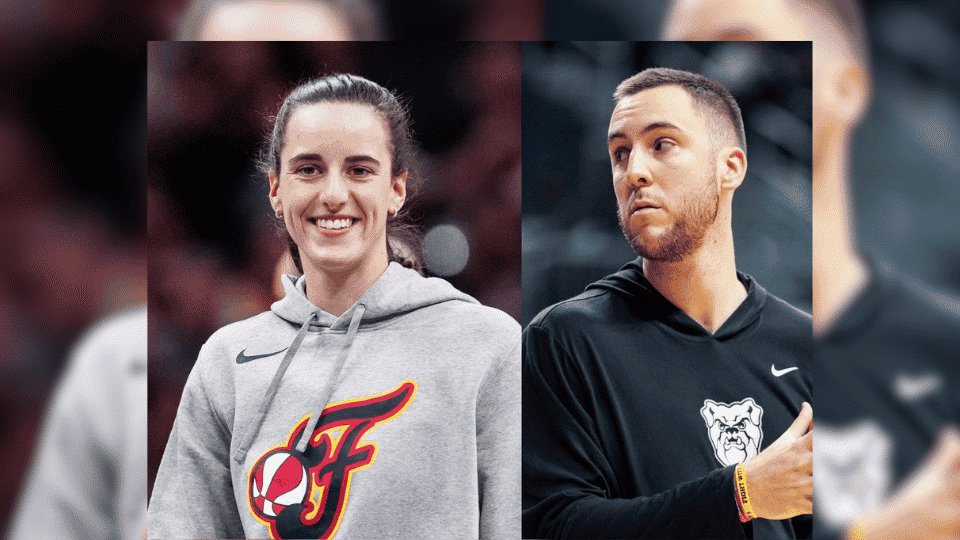 A side-by-side photos of Caitlin Clark's boyfriend, Connor McCaffrey and Clark wearing athletic apparel.