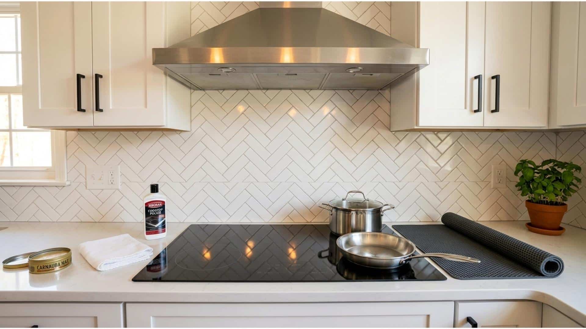 A glossy glass stovetop with polish, wax, protector mat, and cookware beside it.