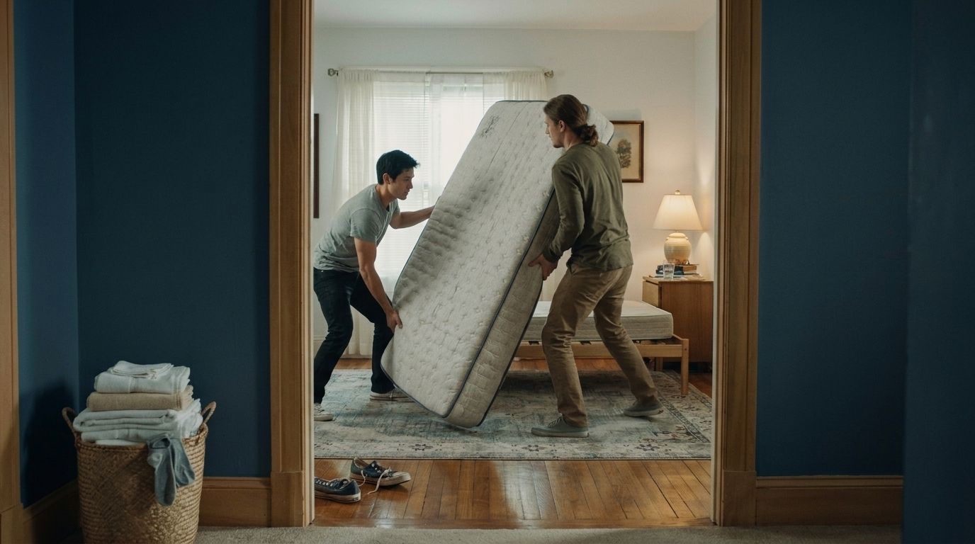 Two people carry an old and dirty worn mattress out of a bedroom through the doorway.