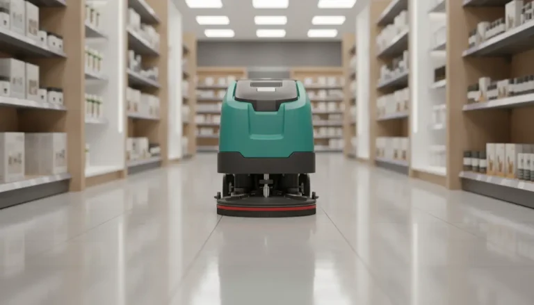 Autonomous floor cleaner navigating between shelves in a well-lit store aisle