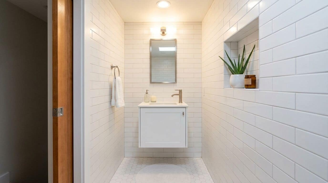 Narrow modern bathroom with white subway tile walls, light grey floors, and a small white floating vanity with a mirror.