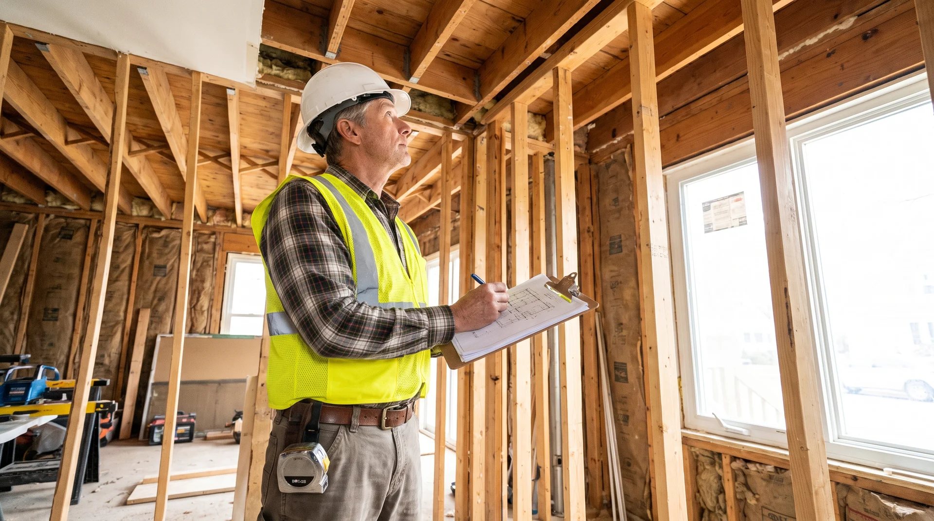 Licensed structural engineer in hard hat examining exposed wall framing and ceiling structure during US home renovation site visit.