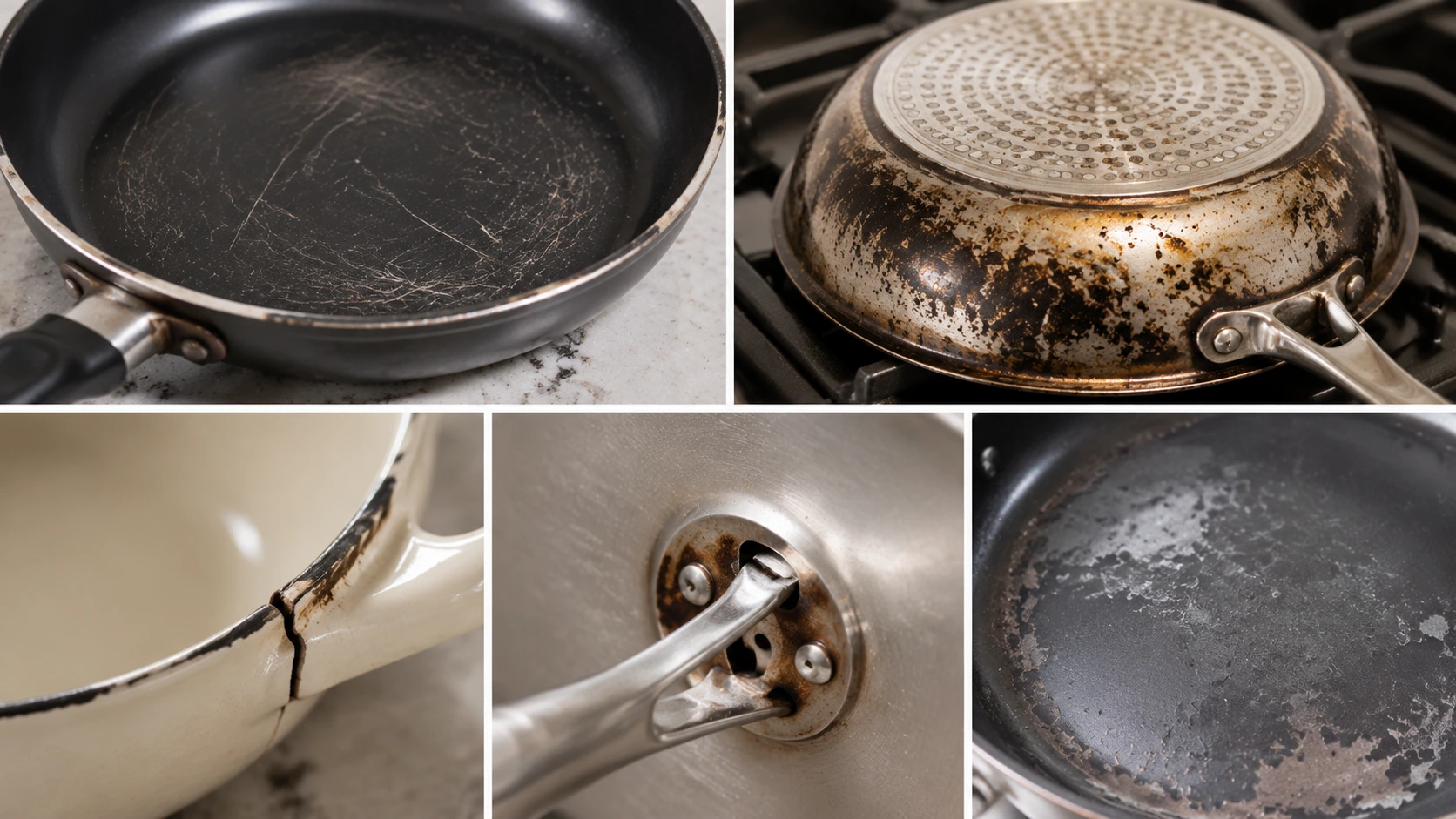Damaged burnt pans showing scratches, cracks, warped surfaces, and worn coatings that may need replacement