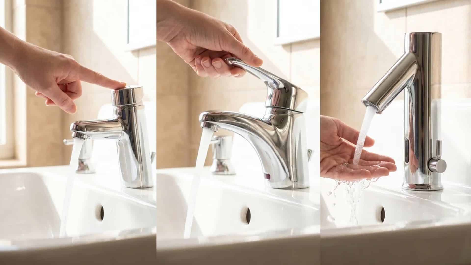 Three panels showing different ADA-compliant faucets: a push-button faucet, a single-lever handle faucet, and a sensor faucet.