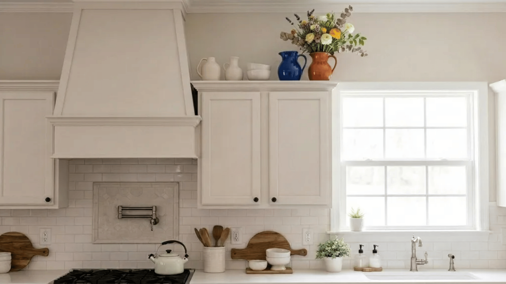 White cabinets topped with ceramic pitchers, bowls, and a flower vase.