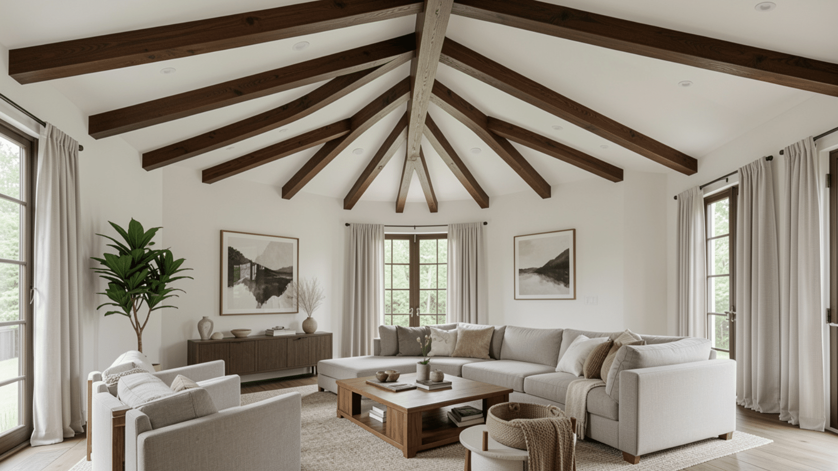 Living room with white cathedral ceiling and dark wooden beams in open interior space