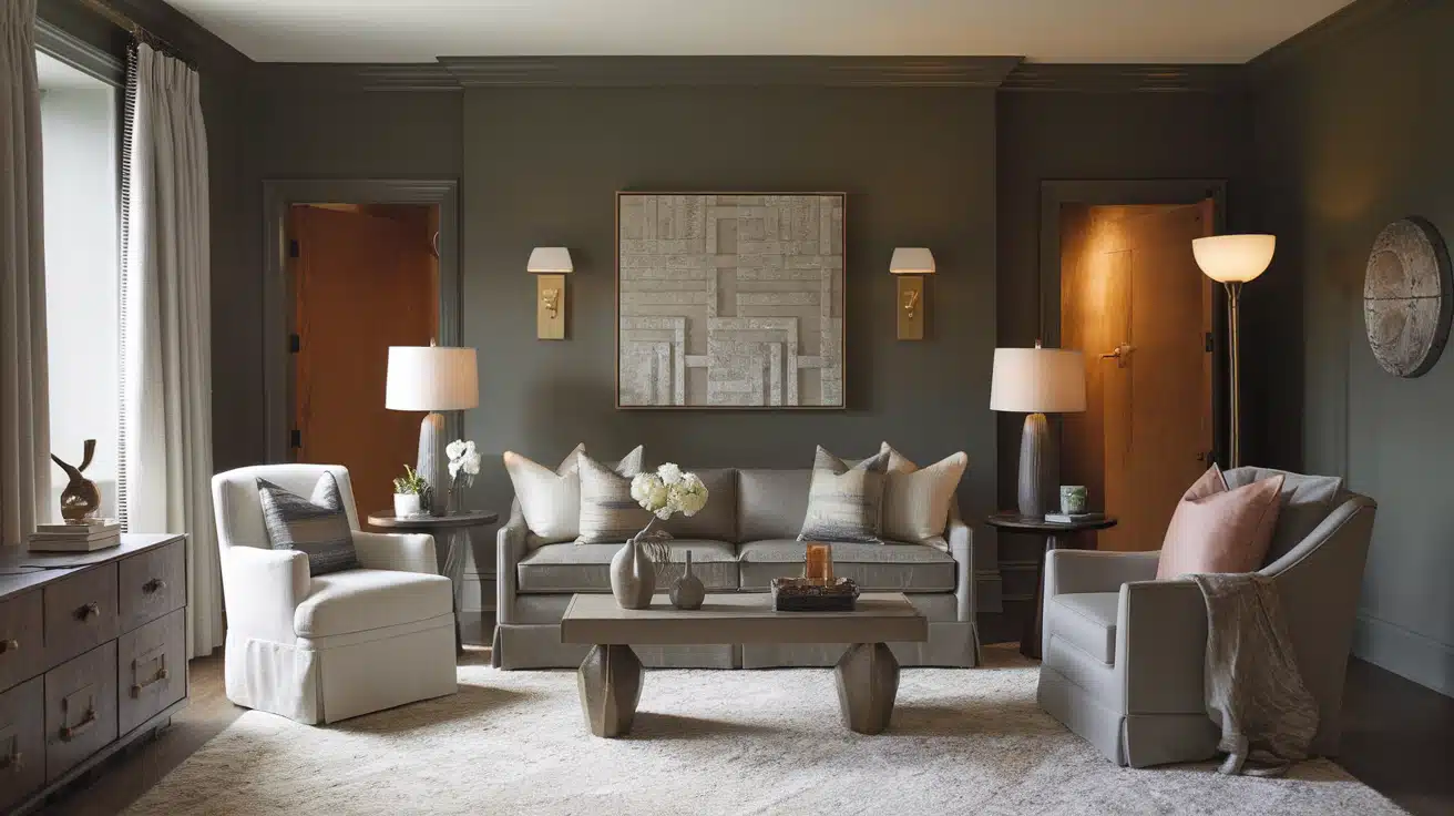 A sophisticated living room with a dark charcoal gray accent wall, symmetric lamps, and comfortable seating.