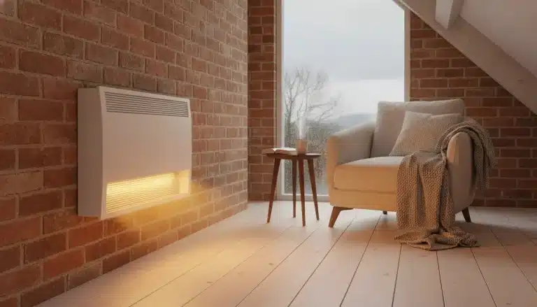 Modern living room with wall heater, cozy armchair, and side table by large window