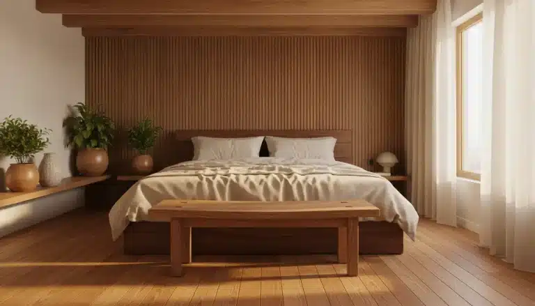 Cozy bedroom with wooden accents and potted plants on shelves under natural light