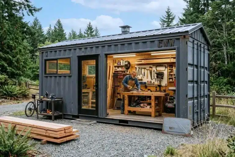 Man working on wooden project in outdoor workshop made from shipping container