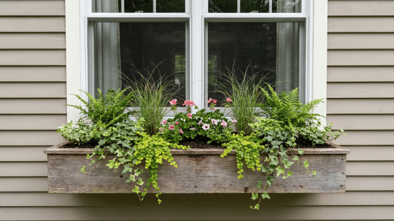 Window box planter with grass, ferns, pink flowers, and trailing ivy beneath a house window