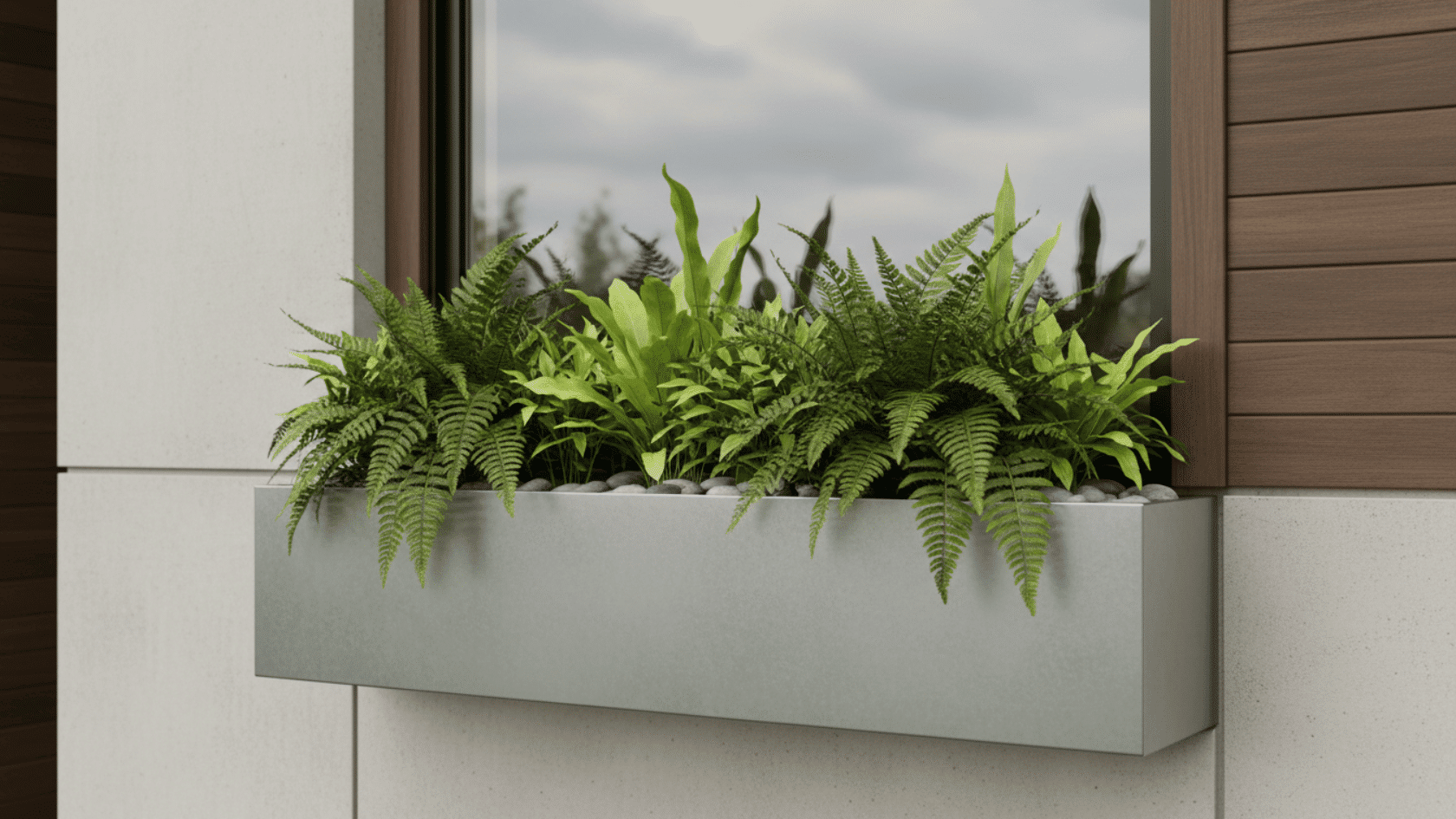 Window box filled with ferns and green plants beneath a modern home window.