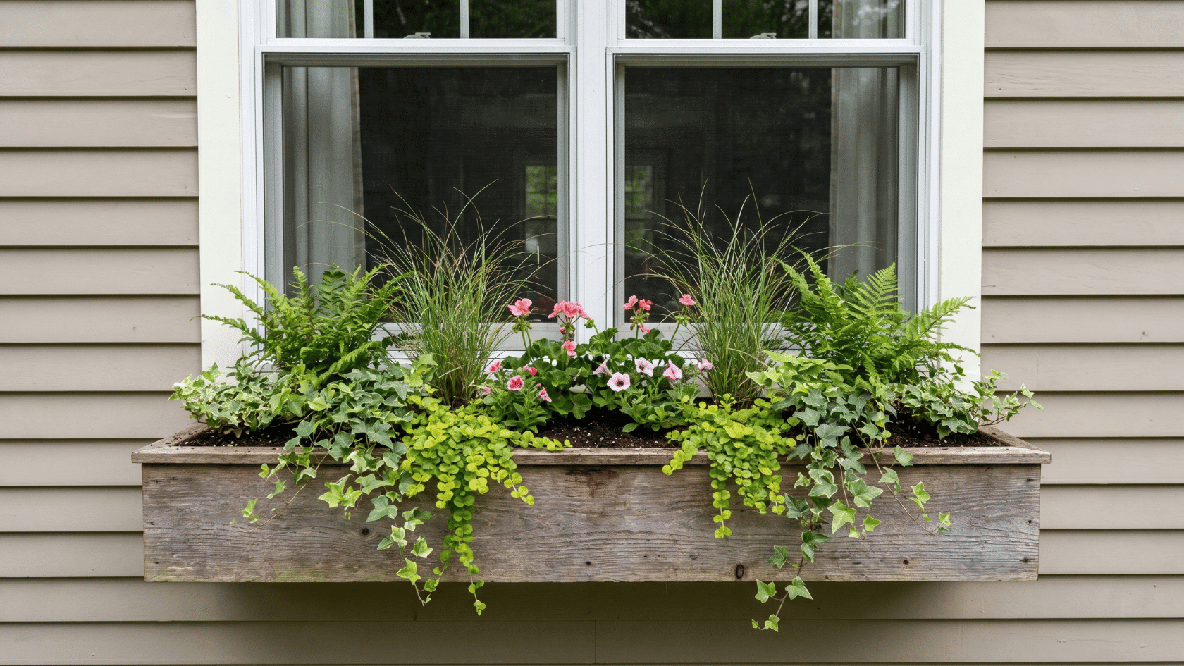 Window box planter with grass, ferns, pink flowers, and trailing ivy beneath a house window