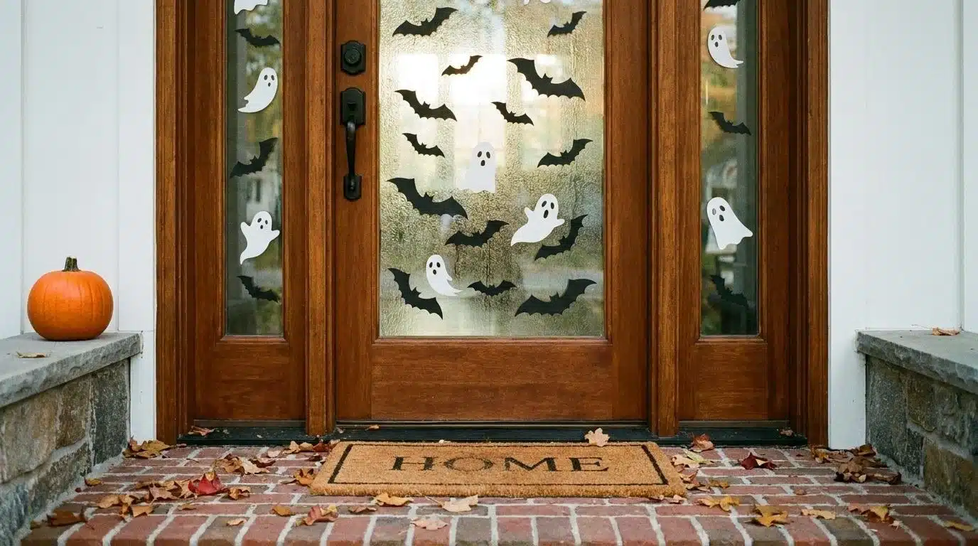 Front door glass panel decorated with bat and ghost window clings