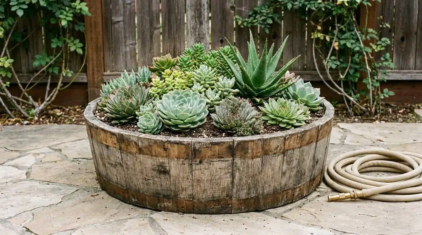Wine barrel ring planted with succulents on a patio