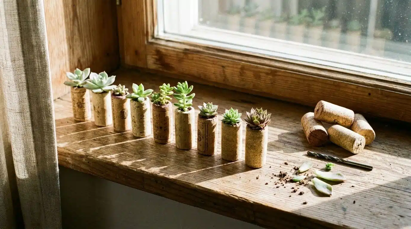Row of wine cork mini planters with succulent cuttings