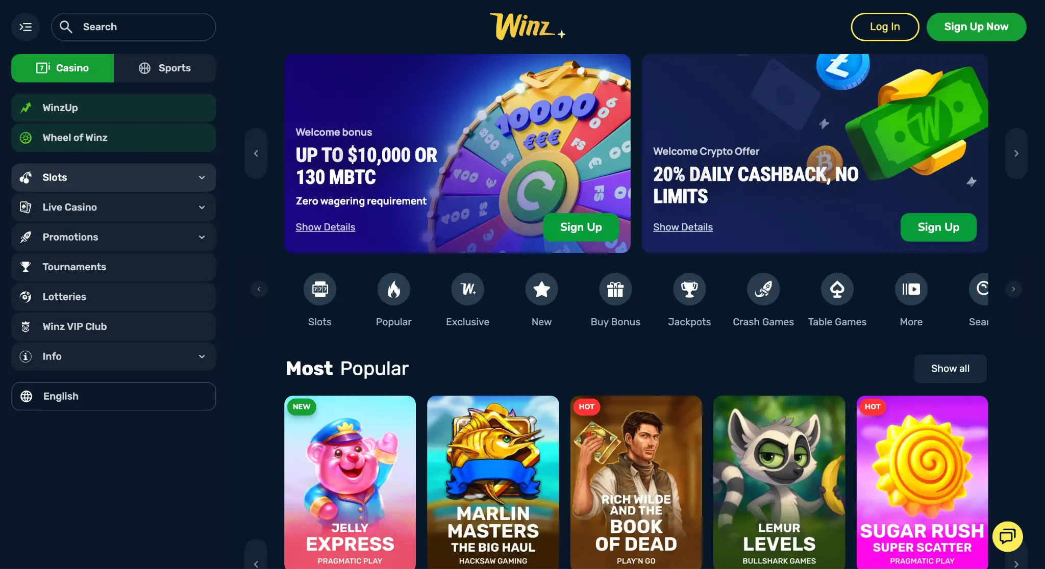Online casino homepage with promotional banners and game selections in dark-themed interface