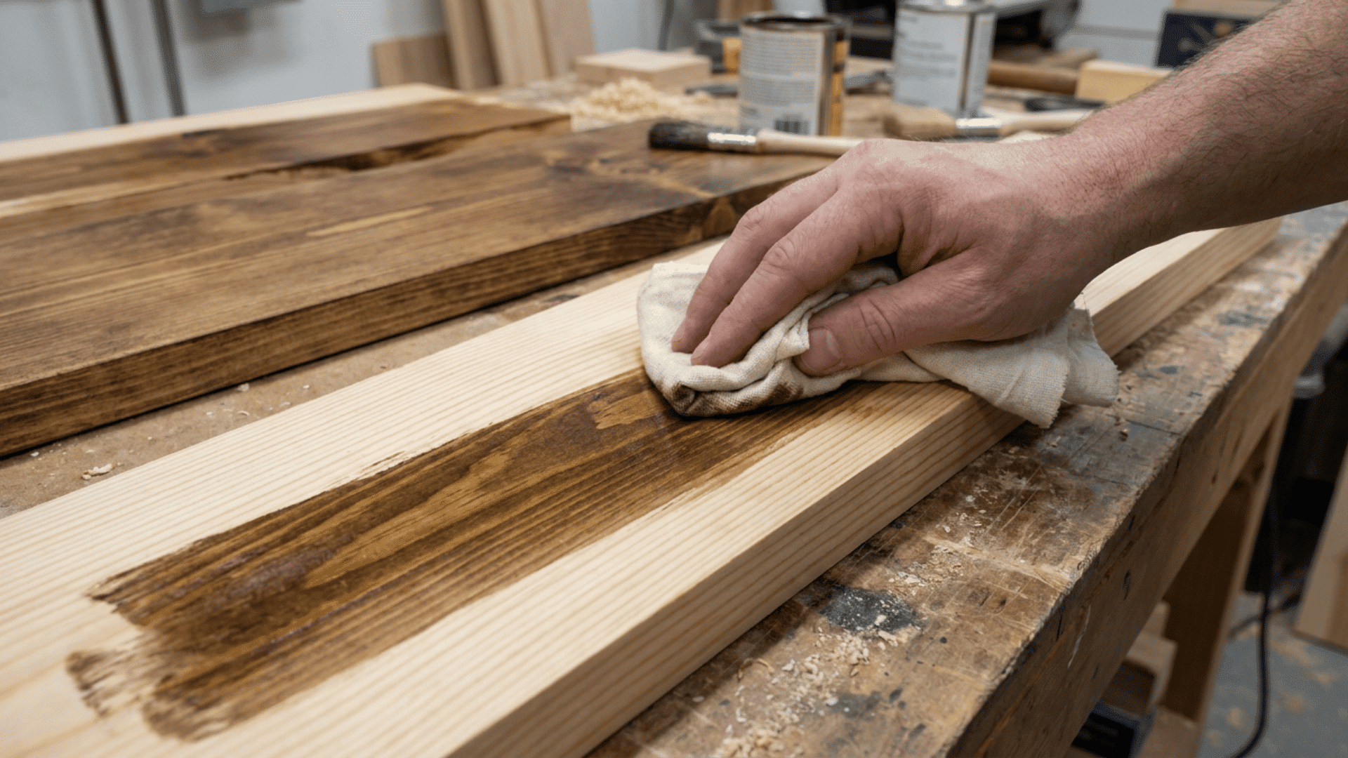 Lint-free cloth wiping excess wood stain along the grain on a flat wood surface in a workshop