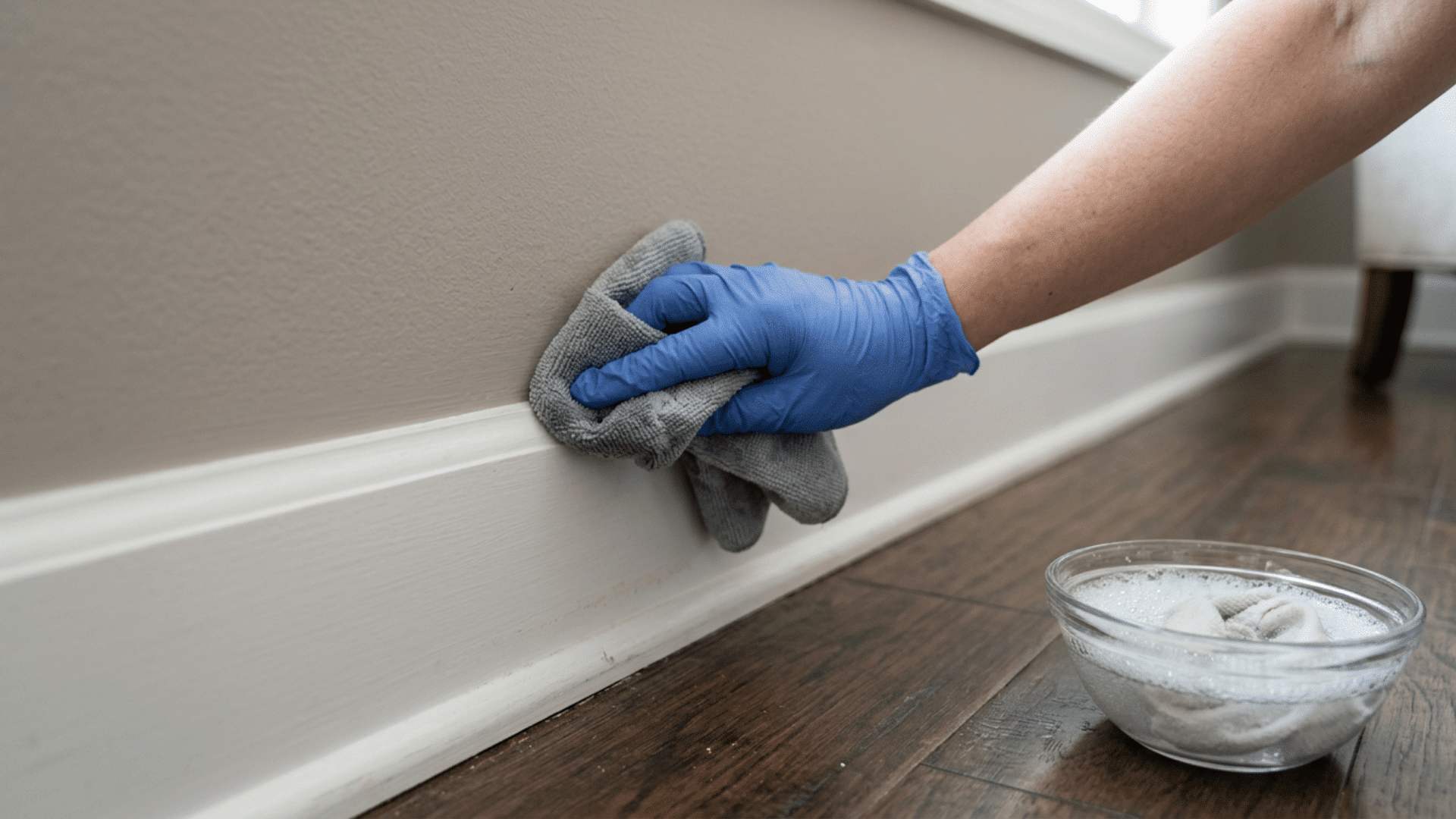 Damp microfiber cloth wiping baseboard with bowl of soapy water nearby
