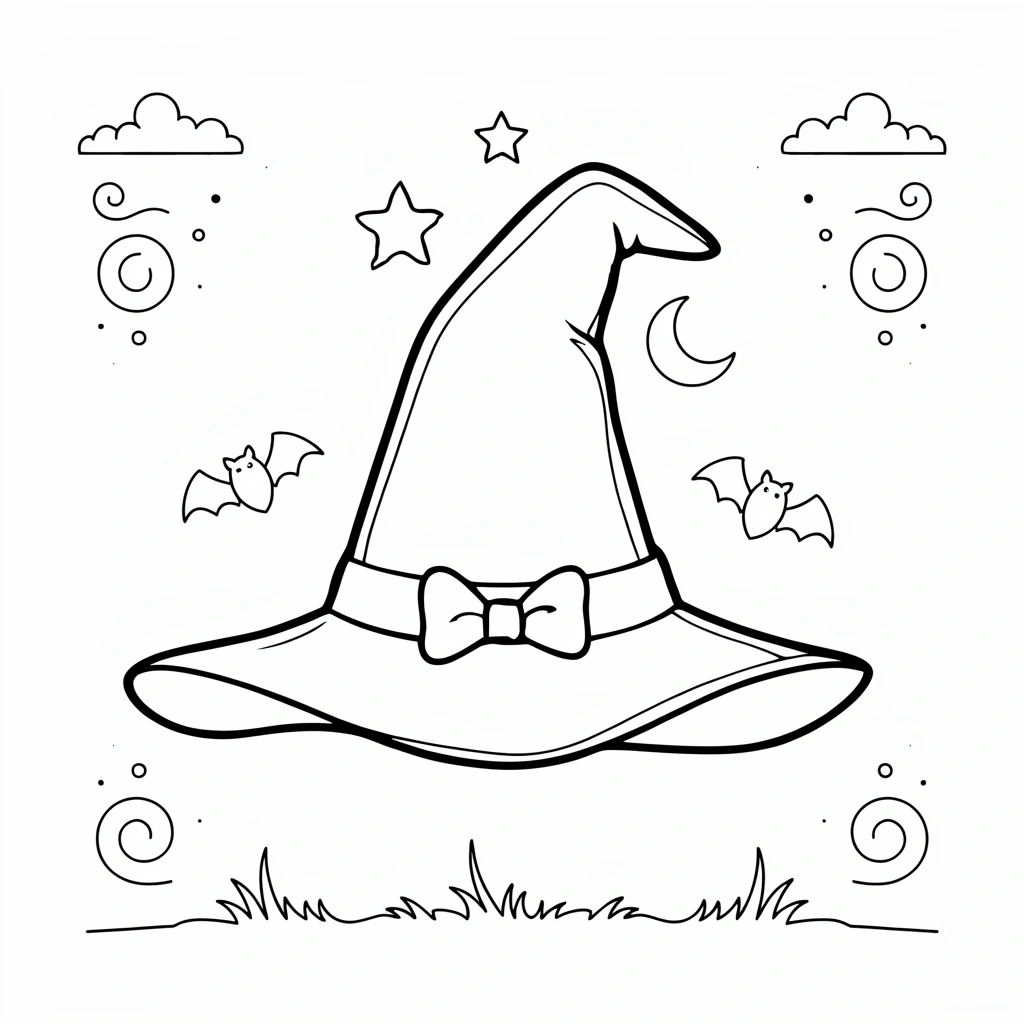 imple witch hat Halloween coloring page featuring a pointed shape and small buckle detail, an easy low-detail activity for younger children
