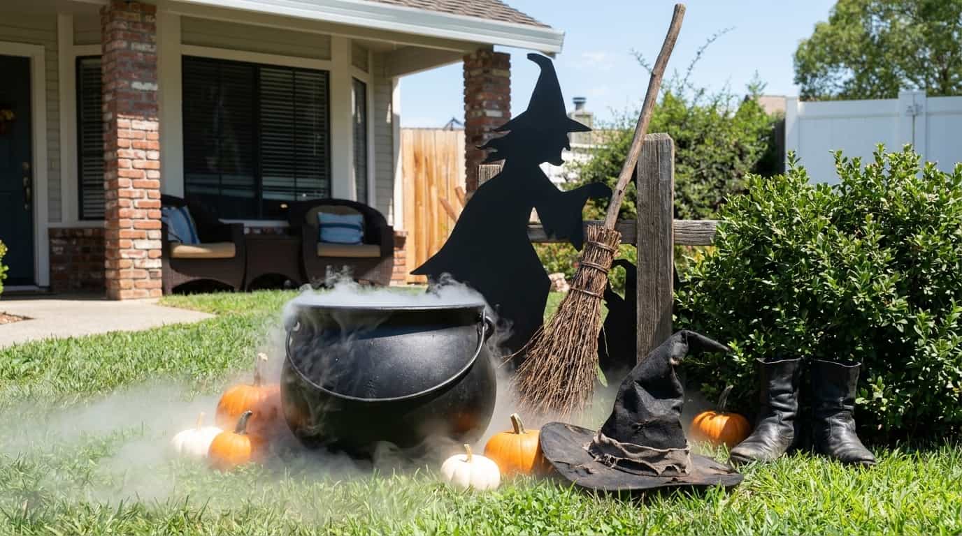 Outdoor Halloween decoration featuring a witch corner setup