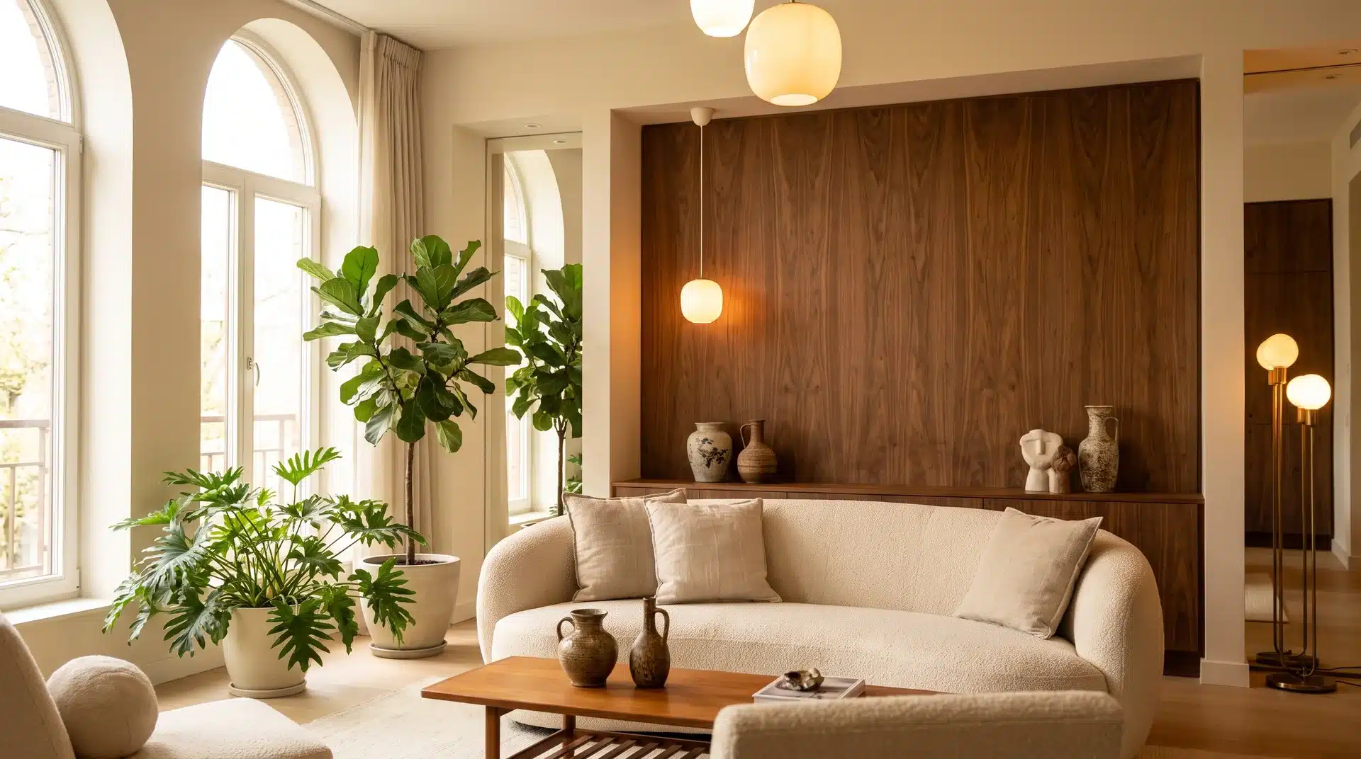 Modern living room with walnut wood paneling and cozy 70s styling.