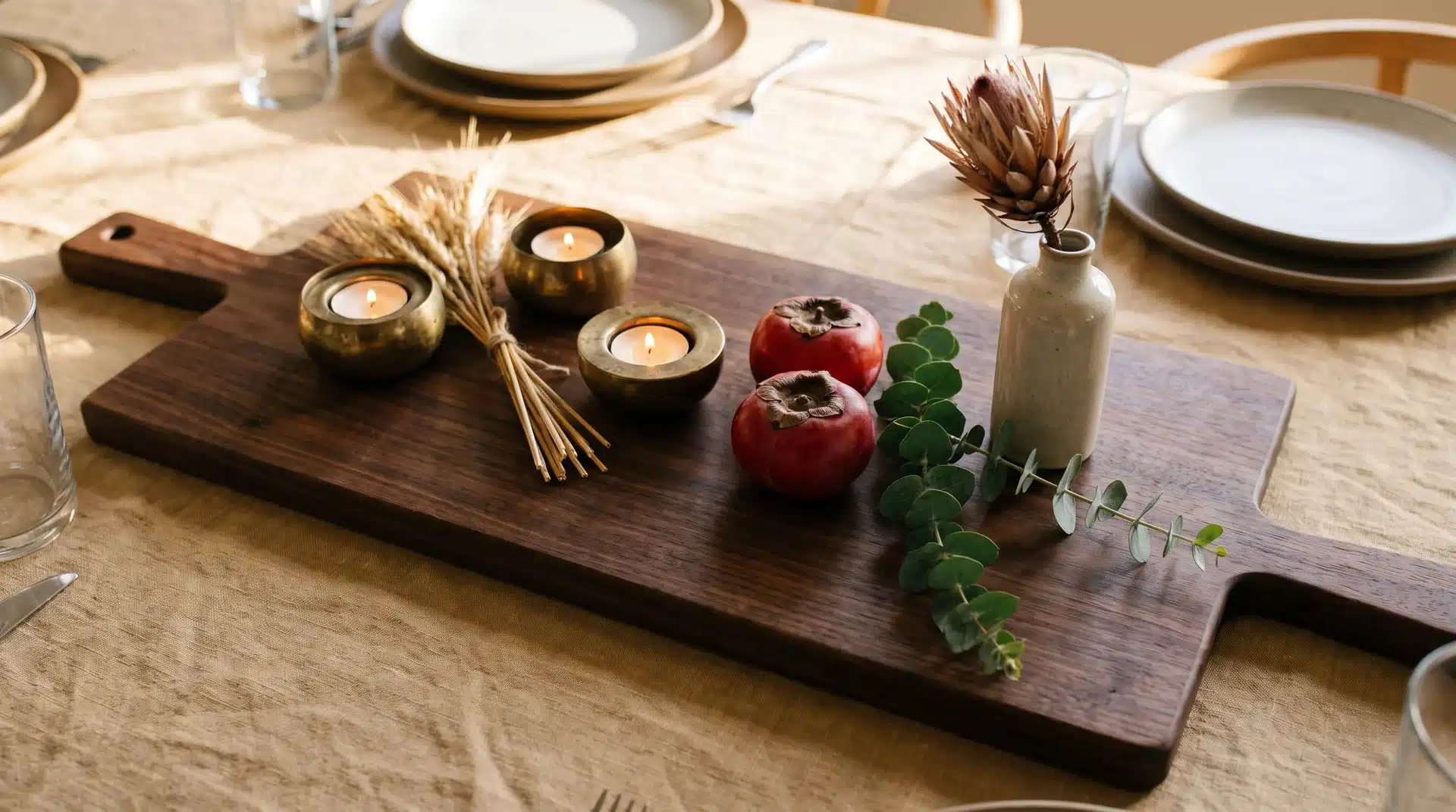 Dark walnut serving board centerpiece with tea lights dried wheat persimmons and a single protea on a linen Thanksgiving table.