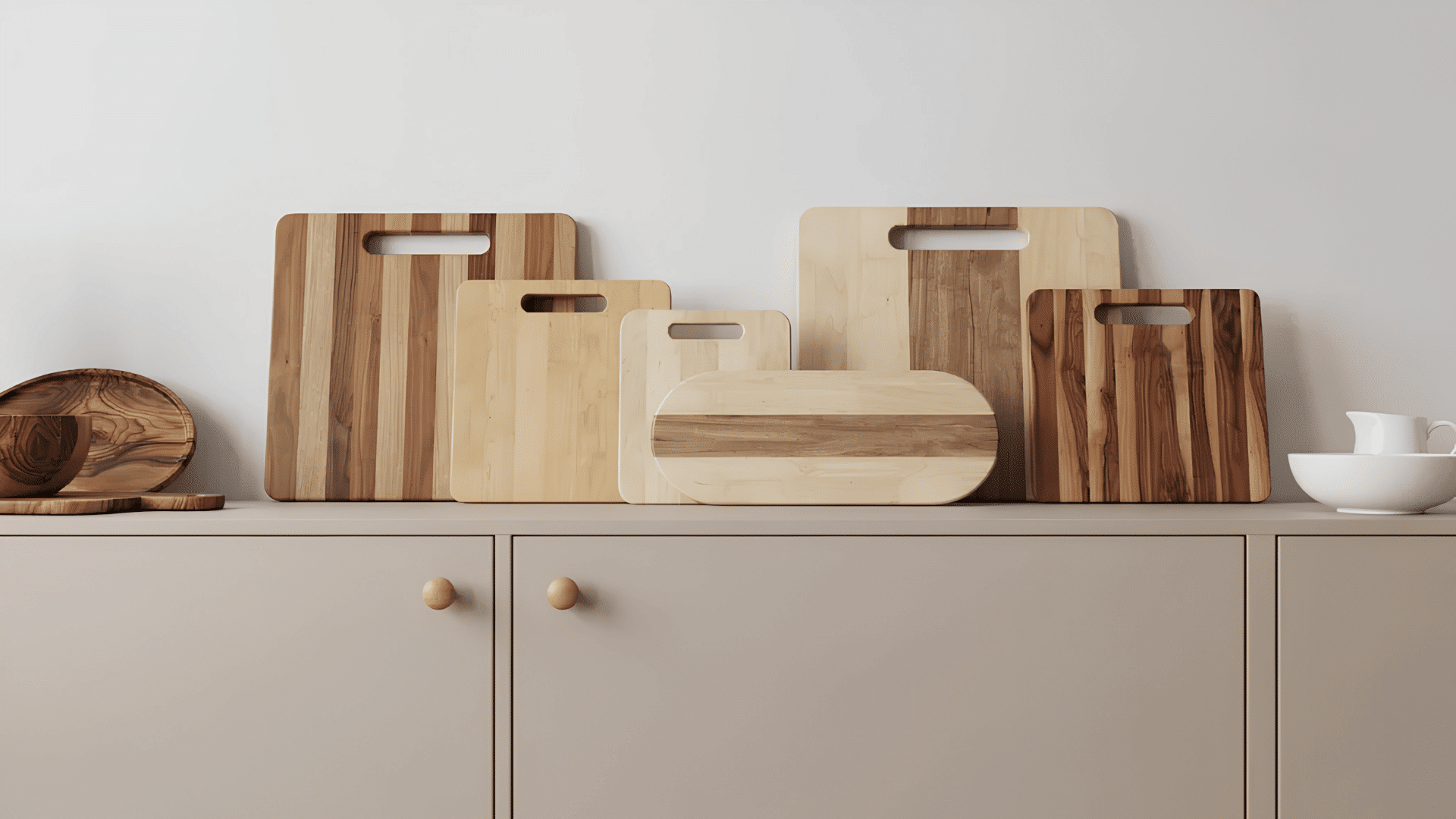 Wooden cutting boards of various sizes leaning against a wall on a kitchen counter.