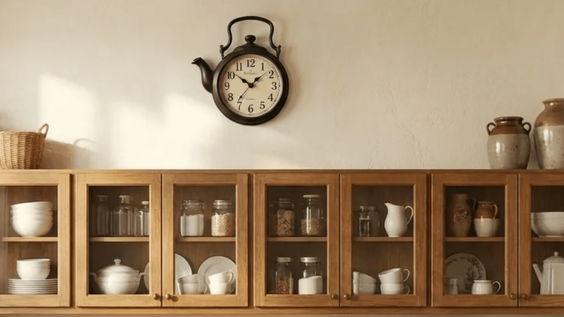 Wooden kitchen cabinets with glass doors, showing dishes and jars, and a large black wall clock mounted above.