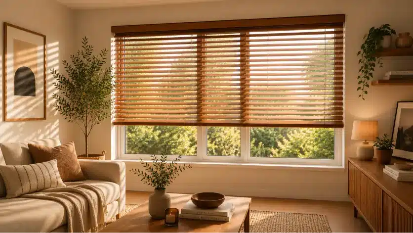 Wooden Venetian blinds with matte finish adjusting sunlight in a warm home office with natural textures and wood accents.