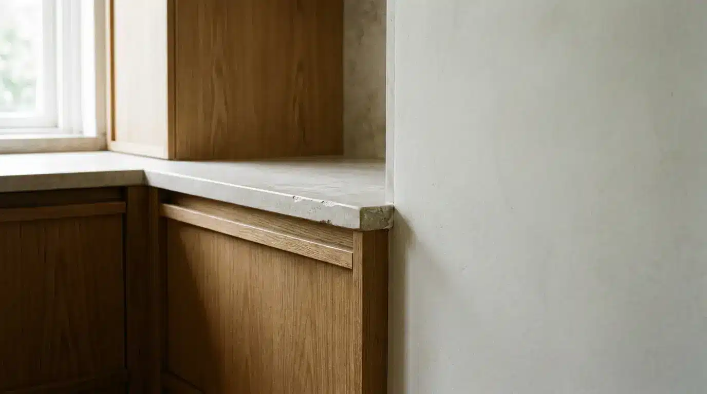 Natural wood kitchen cabinets with stone countertop against beige wall and window nearby