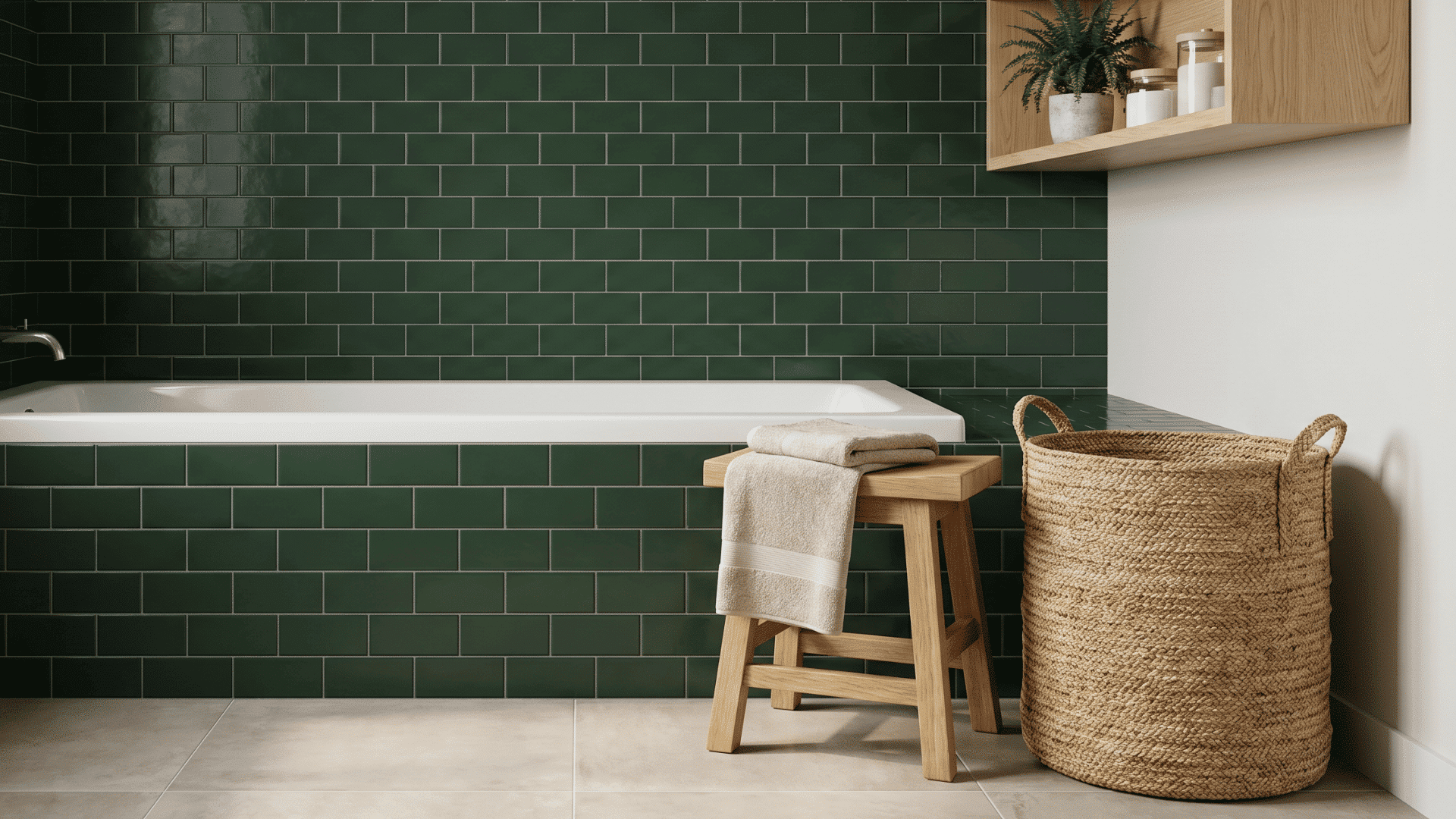 Bathroom with dark green tile wall, white bathtub, wood stool, and woven basket.