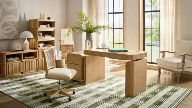 Home office with wooden desk, bookshelf, and chair on green checkered rug in natural light